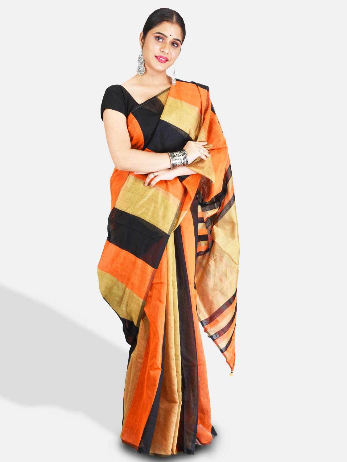 Women`s Cotton Silk and Bengal Soft Khadi Cotton Mix Ghicha Handloom Saree With Blouse Piece (Orange Black)